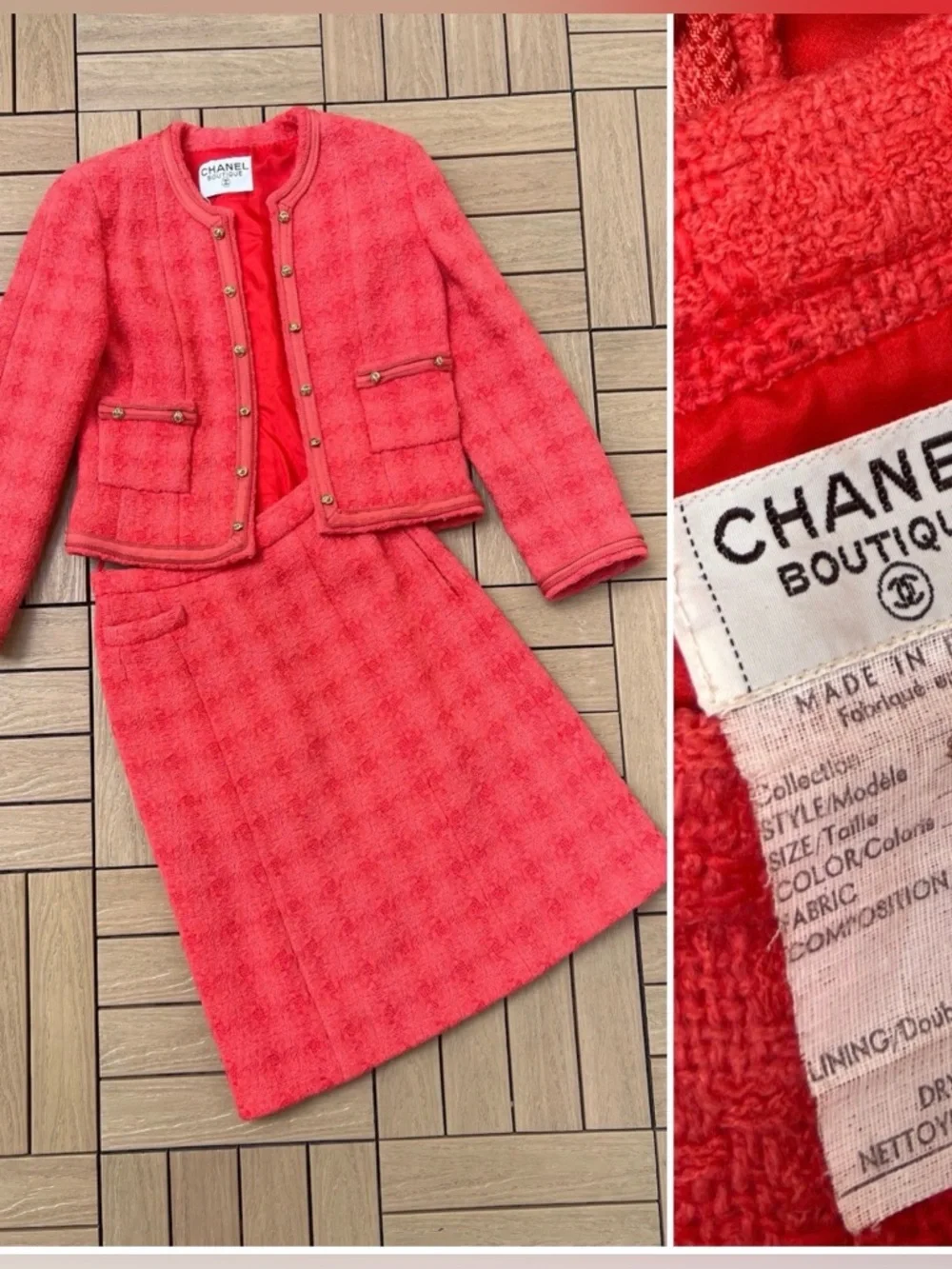 Vintage CHANEL Boutique hot pink coral Tweed Midi Skirt amazing 💝💝 larger size